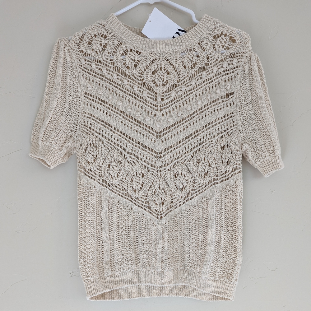 ZARA POINTELLE KNIT TOP BLOUSE POM POM BEIGE S